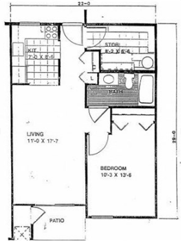 Floor plan for 1 bed, 1 bath, 651 sqft